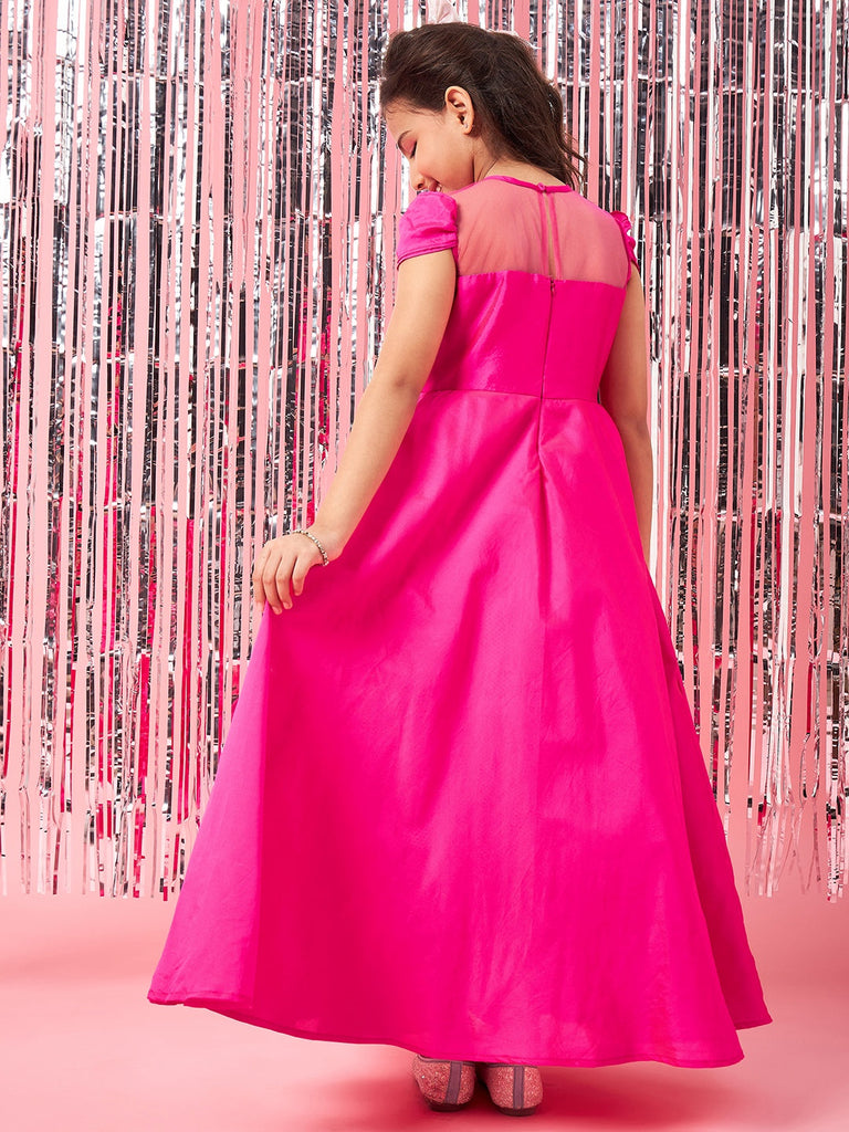 Girls Magenta solid maxi dress Puff Sleeves Maxi Dress Round neck Party Dress (d-magtaffetta)