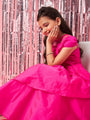 Girls Magenta solid maxi dress Puff Sleeves Maxi Dress Round neck Party Dress (d-magtaffetta)