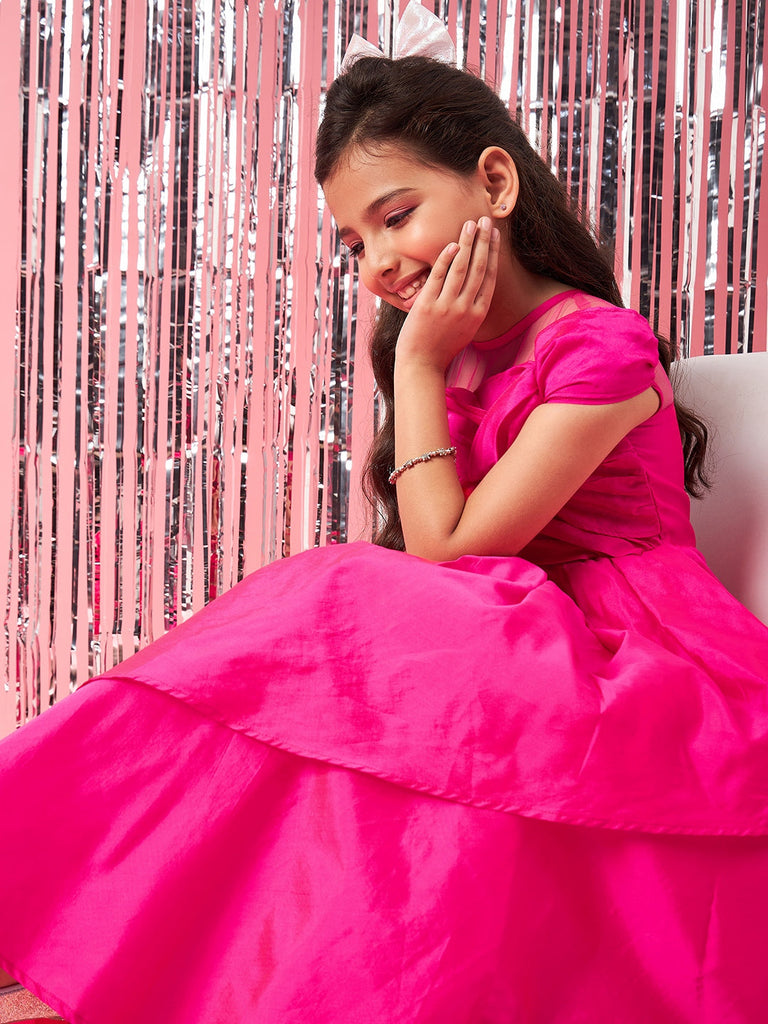 Girls Magenta solid maxi dress Puff Sleeves Maxi Dress Round neck Party Dress (d-magtaffetta)