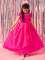 Girls Magenta solid maxi dress Puff Sleeves Maxi Dress Round neck Party Dress (d-magtaffetta)
