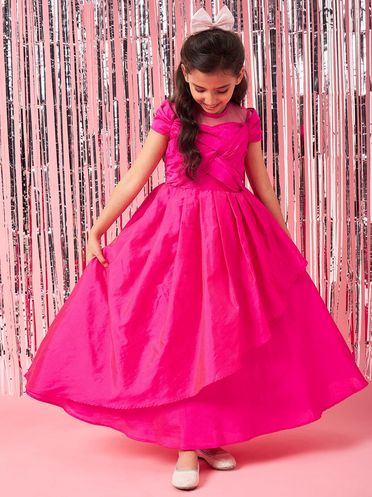 Girls Magenta solid maxi dress Puff Sleeves Maxi Dress Round neck Party Dress (d-magtaffetta)