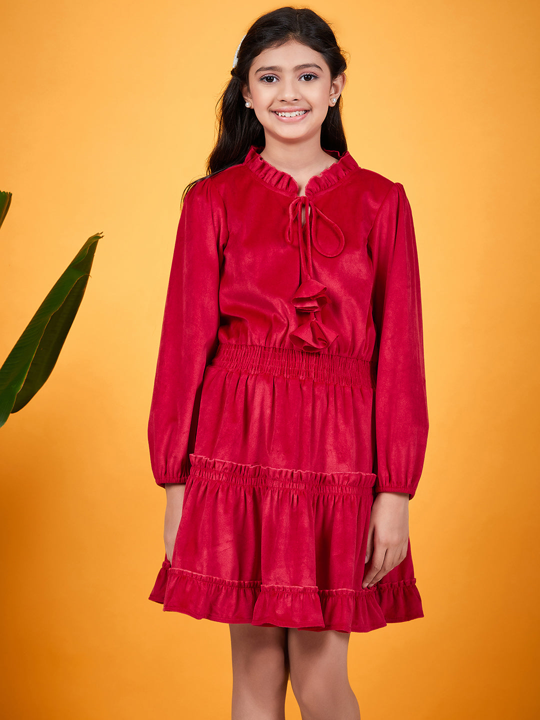 Girls Tie-Up Neck Puff Sleeves Gathered Velvet Fit & Flare Dress (d-magvelvet)