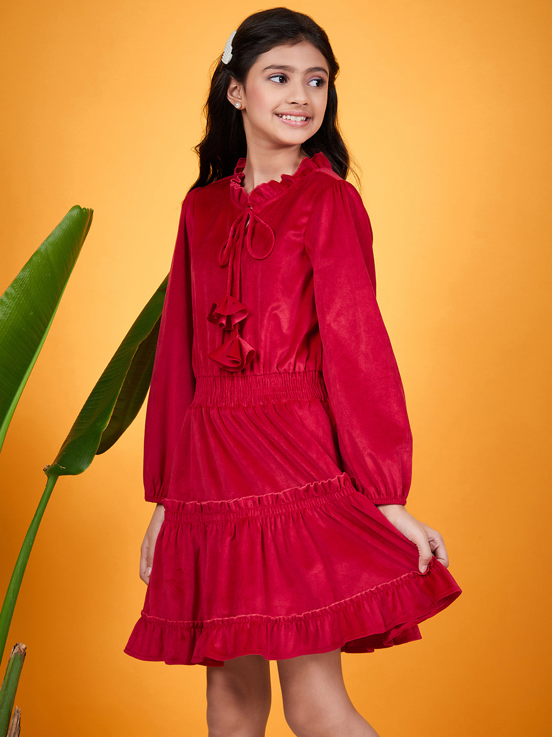 Girls Tie-Up Neck Puff Sleeves Gathered Velvet Fit & Flare Dress (d-magvelvet)