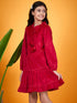 Girls Tie-Up Neck Puff Sleeves Gathered Velvet Fit & Flare Dress (d-magvelvet)