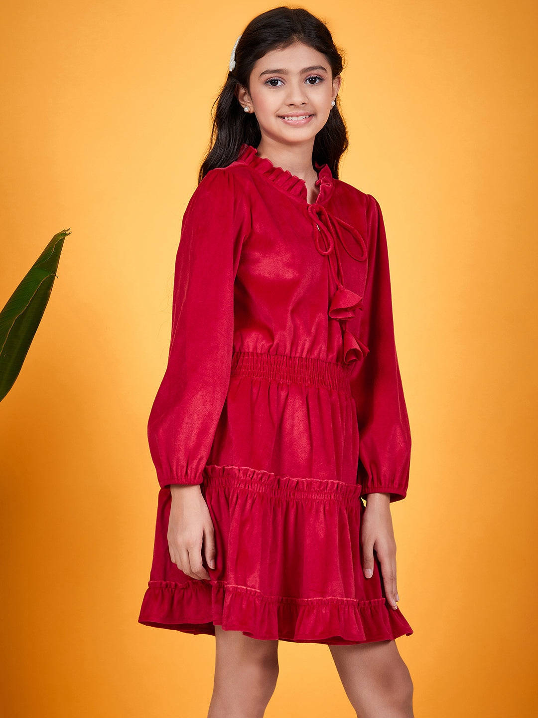 Girls Tie-Up Neck Puff Sleeves Gathered Velvet Fit & Flare Dress (d-magvelvet)
