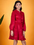 Girls Tie-Up Neck Puff Sleeves Gathered Velvet Fit & Flare Dress (d-magvelvet)