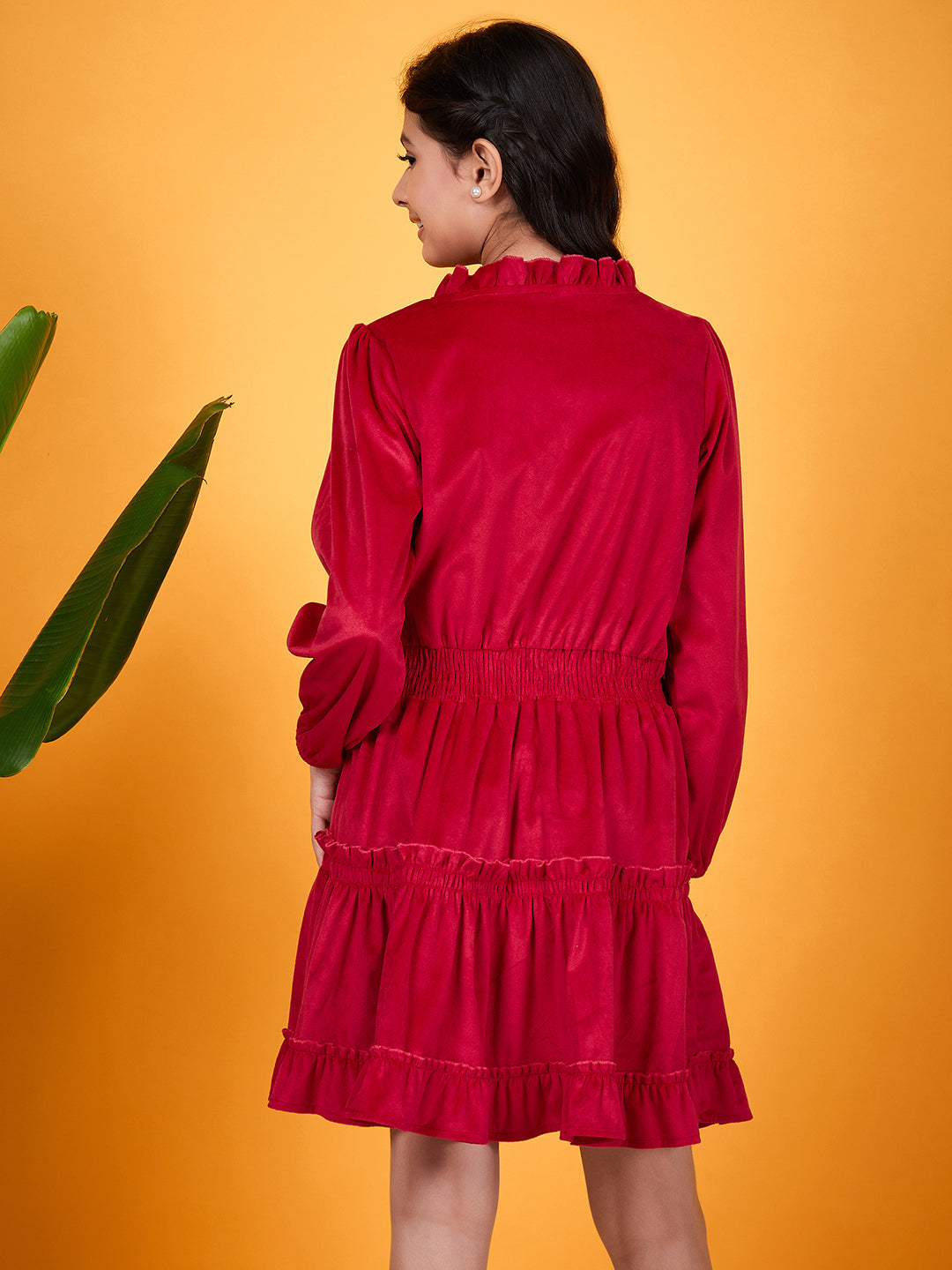 Girls Tie-Up Neck Puff Sleeves Gathered Velvet Fit & Flare Dress (d-magvelvet)