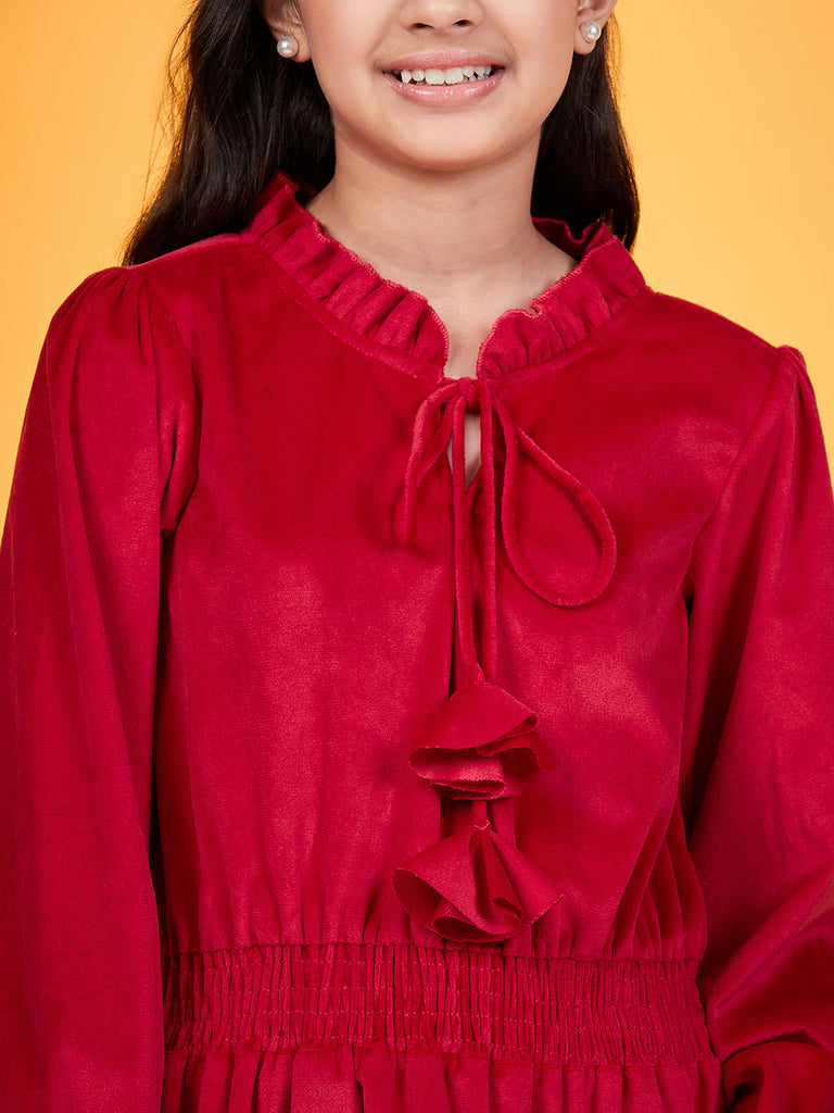 Girls Tie-Up Neck Puff Sleeves Gathered Velvet Fit & Flare Dress (d-magvelvet)
