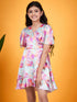 Girls Abstract Printed V-Neck Flared Sleeves Tie-Up Satin Fit & Flare Dress (d-marbel)