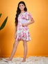 Girls Abstract Printed V-Neck Flared Sleeves Tie-Up Satin Fit & Flare Dress (d-marbel)