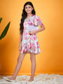 Girls Abstract Printed V-Neck Flared Sleeves Tie-Up Satin Fit & Flare Dress (d-marbel)