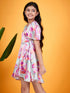 Girls Abstract Printed V-Neck Flared Sleeves Tie-Up Satin Fit & Flare Dress (d-marbel)