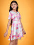 Girls Abstract Printed V-Neck Flared Sleeves Tie-Up Satin Fit & Flare Dress (d-marbel)