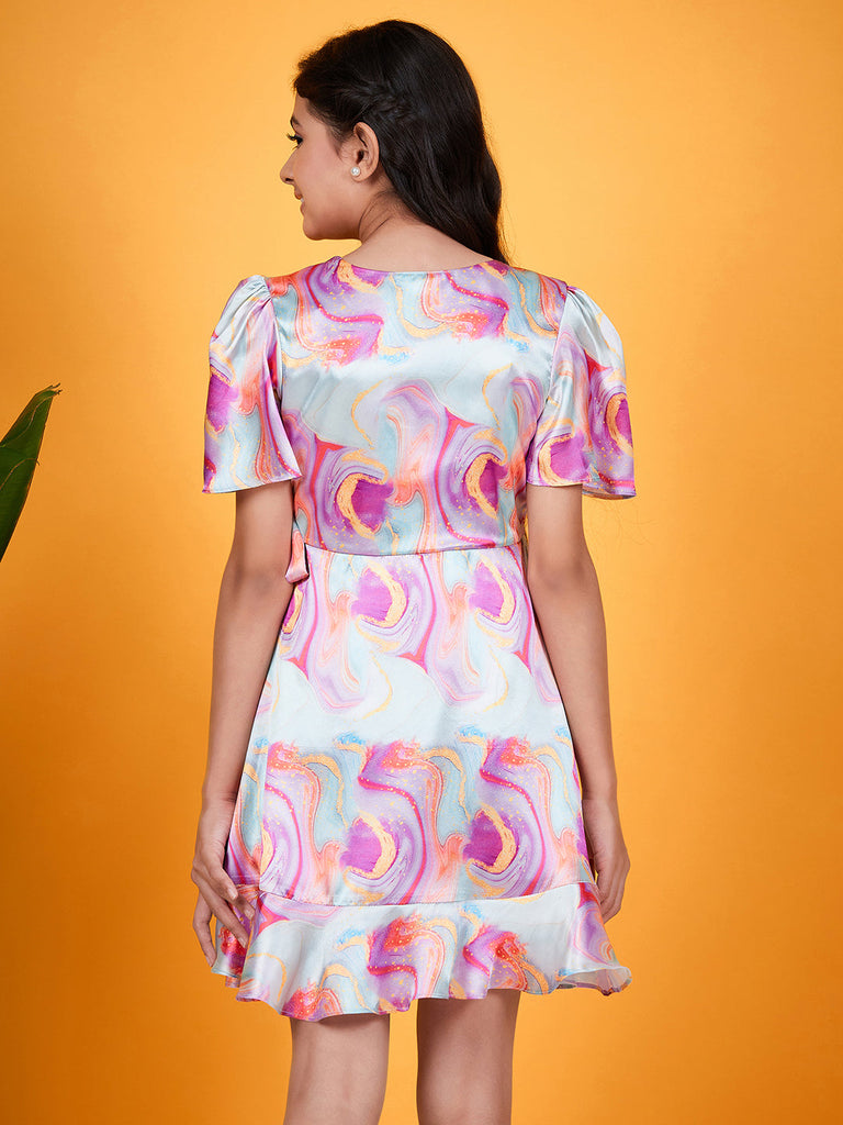Girls Abstract Printed V-Neck Flared Sleeves Tie-Up Satin Fit & Flare Dress (d-marbel)