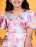 Girls Abstract Printed V-Neck Flared Sleeves Tie-Up Satin Fit & Flare Dress (d-marbel)