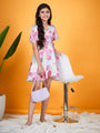 Girls Abstract Printed V-Neck Flared Sleeves Tie-Up Satin Fit & Flare Dress (d-marbel)
