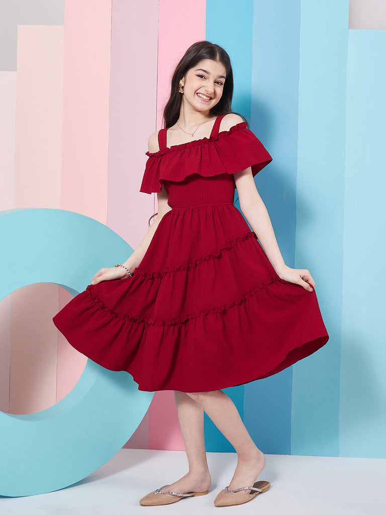 Girl's Shoulder Straps Cold-Shoulder Fit Flare Dress Purple Color Effortlessly Trendy Style for Any Occasion (d-maroon)