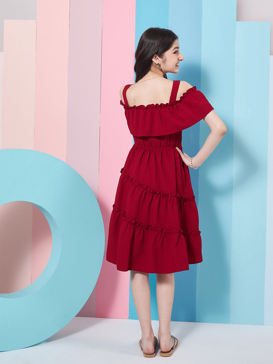 Girl's Shoulder Straps Cold-Shoulder Fit Flare Dress Purple Color Effortlessly Trendy Style for Any Occasion (d-maroon)