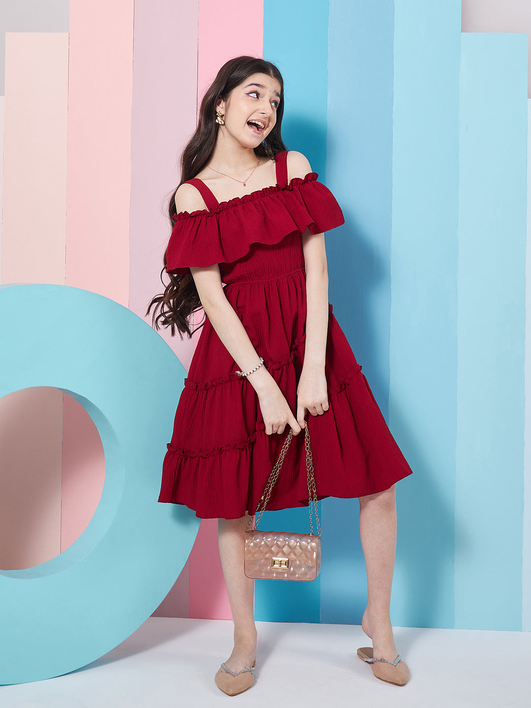 Girl's Shoulder Straps Cold-Shoulder Fit Flare Dress Purple Color Effortlessly Trendy Style for Any Occasion (d-maroon)