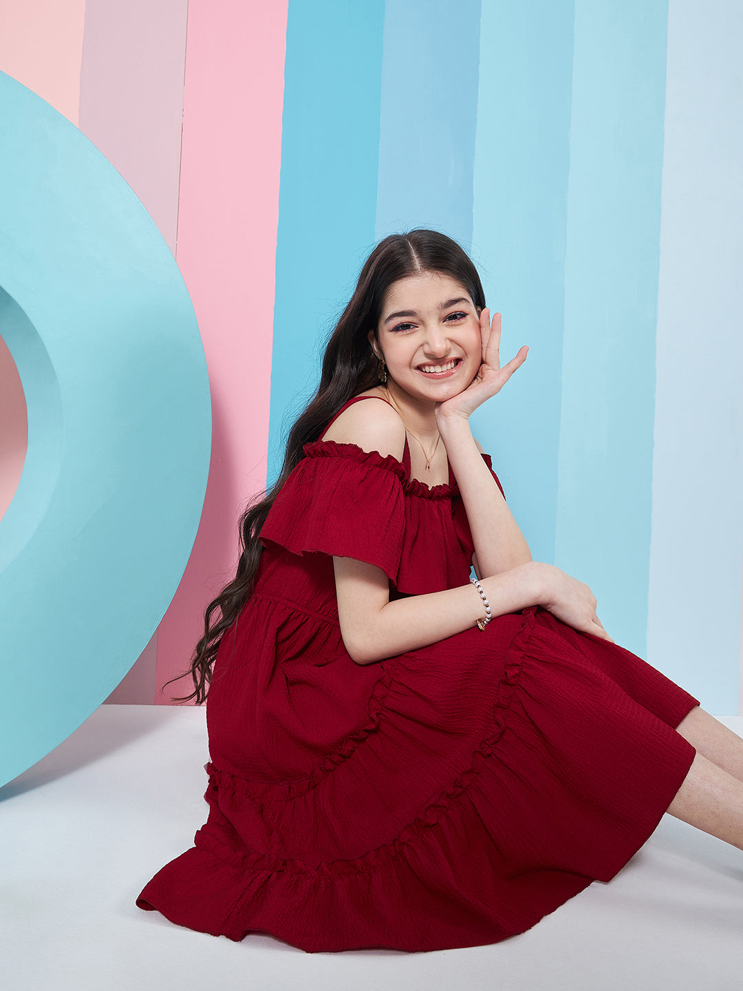 Girl's Shoulder Straps Cold-Shoulder Fit Flare Dress Purple Color Effortlessly Trendy Style for Any Occasion (d-maroon)