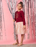 Girls Maroon and peach embellished a-line dress Round neck regular sleeves Casual Dress (d-maroonpleat)