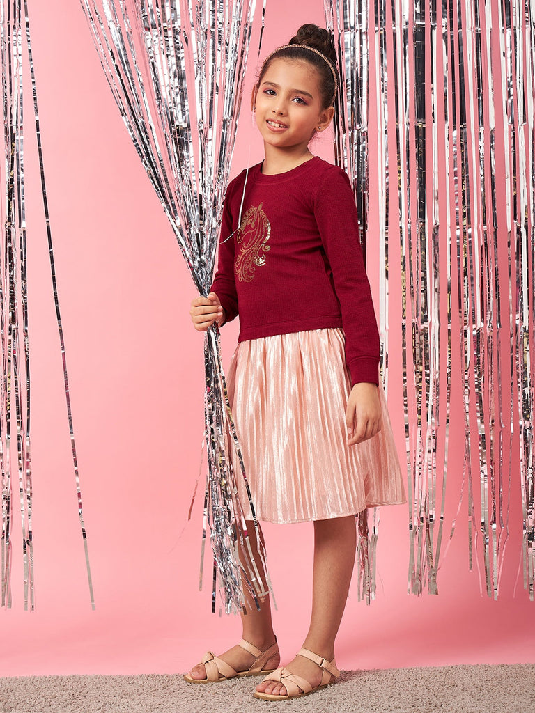 Girls Maroon and peach embellished a-line dress Round neck regular sleeves Casual Dress (d-maroonpleat)