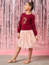 Girls Maroon and peach embellished a-line dress Round neck regular sleeves Casual Dress (d-maroonpleat)