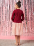 Girls Maroon and peach embellished a-line dress Round neck regular sleeves Casual Dress (d-maroonpleat)