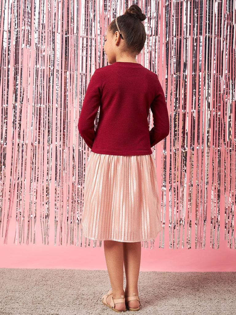 Girls Maroon and peach embellished a-line dress Round neck regular sleeves Casual Dress (d-maroonpleat)