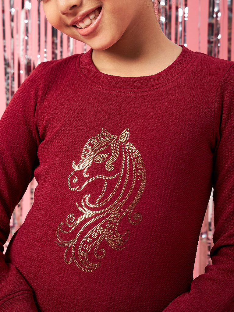 Girls Maroon and peach embellished a-line dress Round neck regular sleeves Casual Dress (d-maroonpleat)