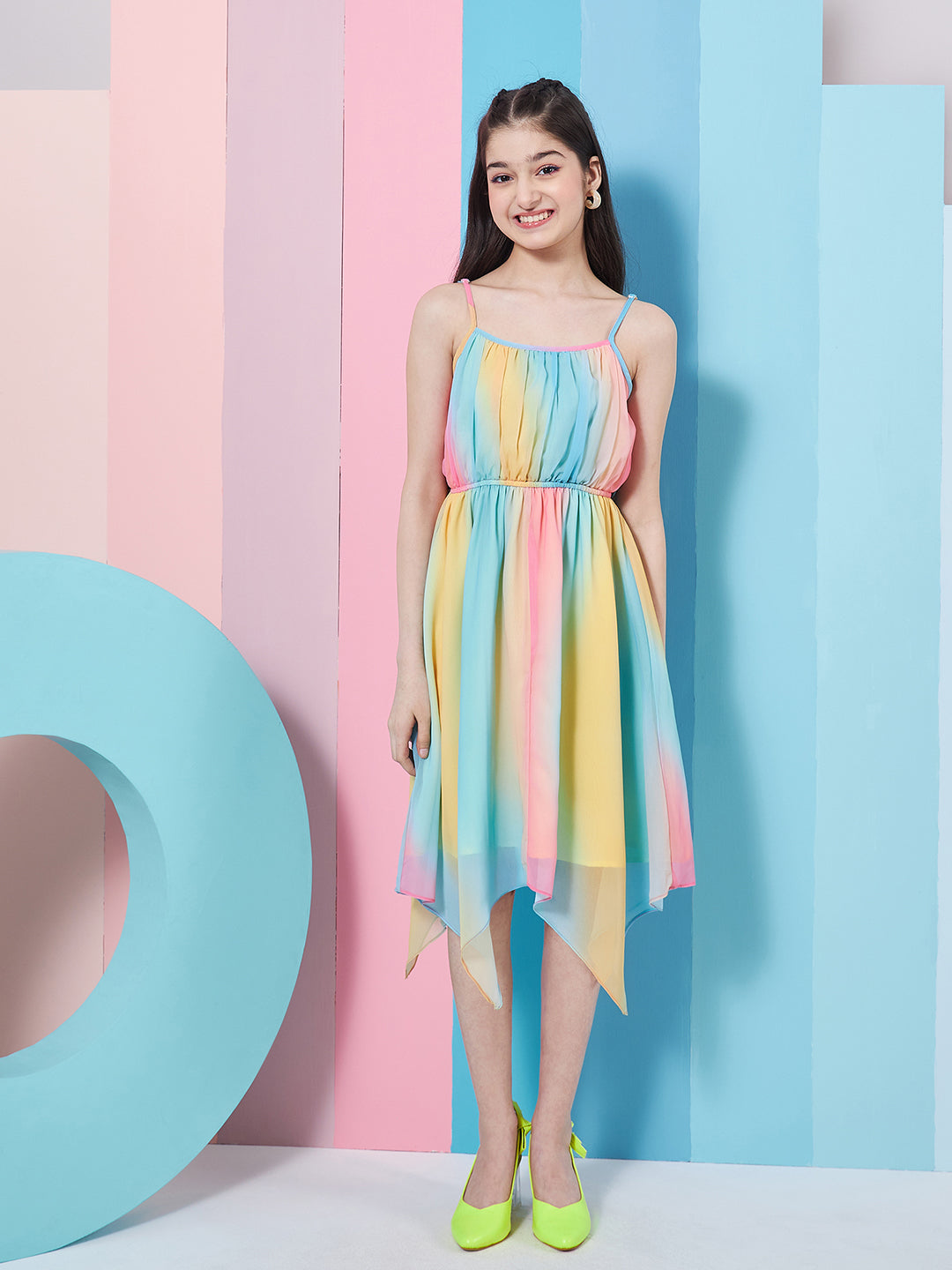 Girl's Striped Shoulder Strap Crepe Fit Flare Midi Dress Stylish Casual Wear Perfect for everyday Look (d-multiasy)