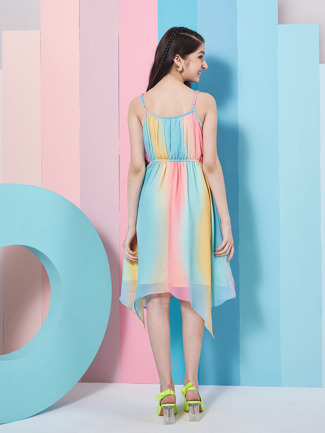 Girl's Striped Shoulder Strap Crepe Fit Flare Midi Dress Stylish Casual Wear Perfect for everyday Look (d-multiasy)