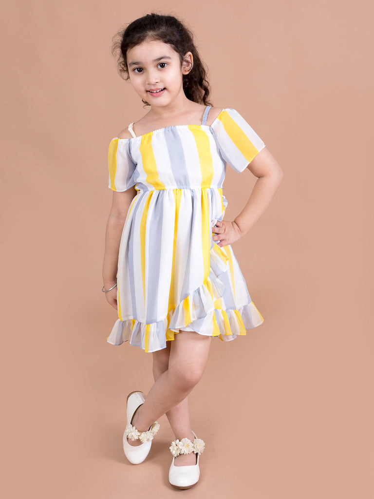 Girls White & Yellow Striped Georgette Dress (d-multi flared)
