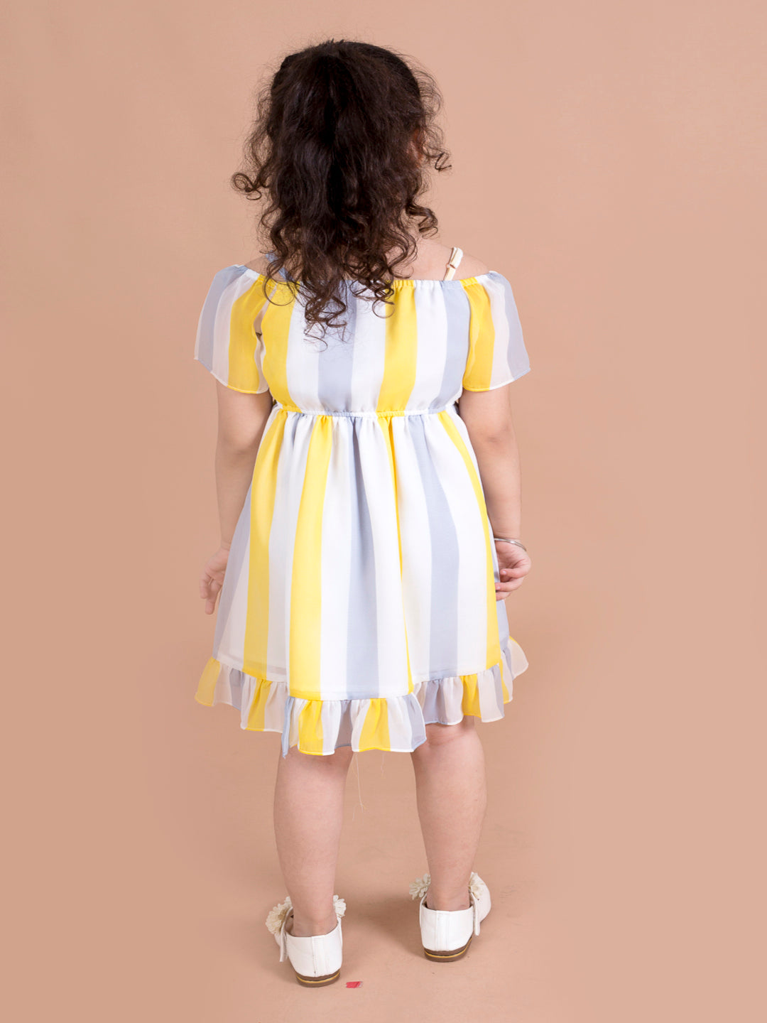 Girls White & Yellow Striped Georgette Dress (d-multi flared)
