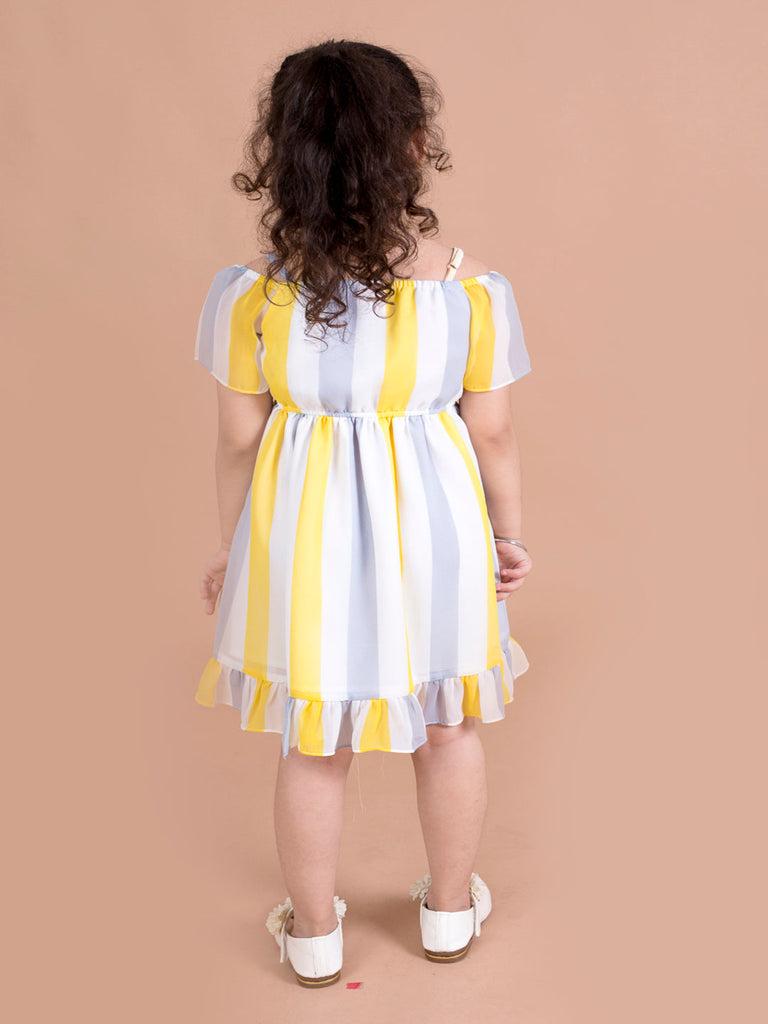 Girls White & Yellow Striped Georgette Dress (d-multi flared)