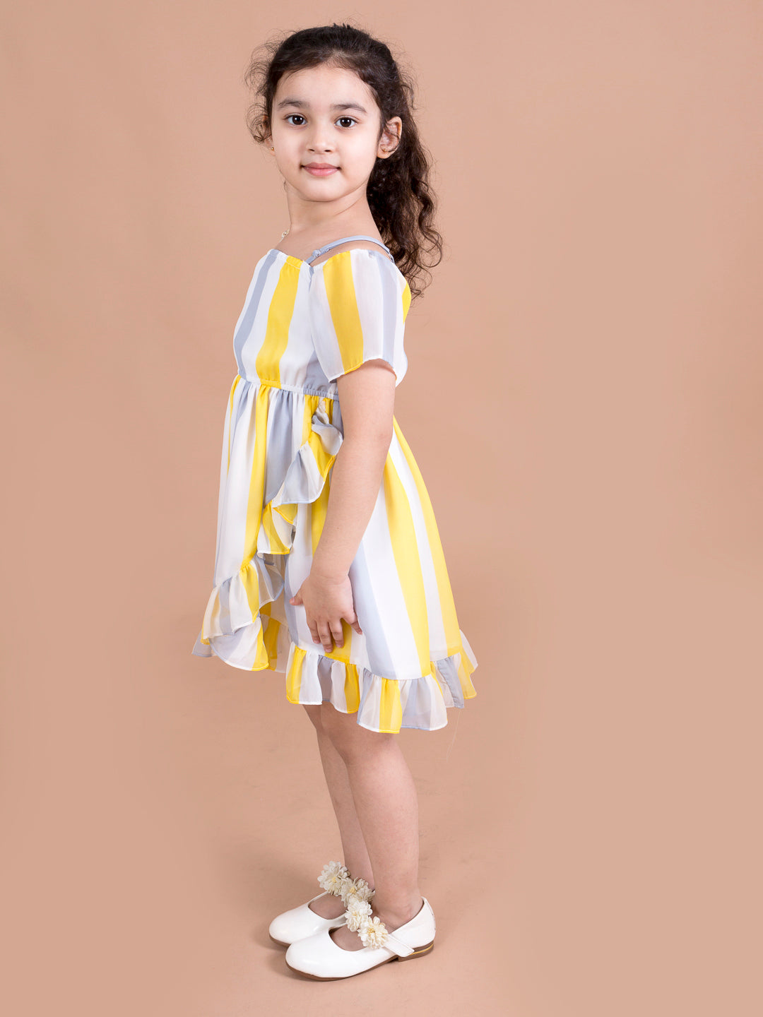 Girls White & Yellow Striped Georgette Dress (d-multi flared)