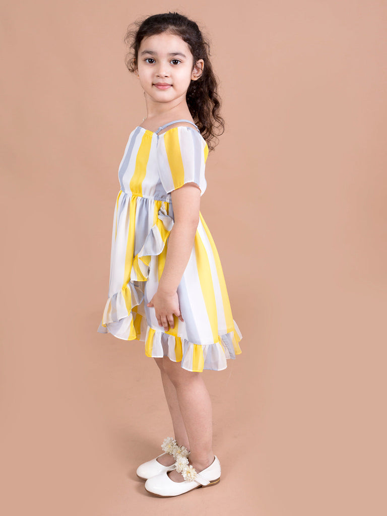 Girls White & Yellow Striped Georgette Dress (d-multi flared)