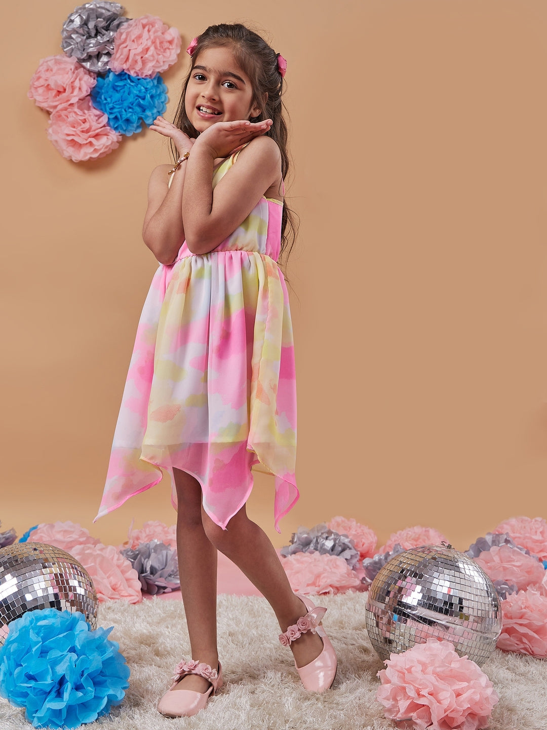 Girl's Tie Dye Shoulder Straps Wrap Dress Casual Wear Trendy & Chic (d-multigeo)