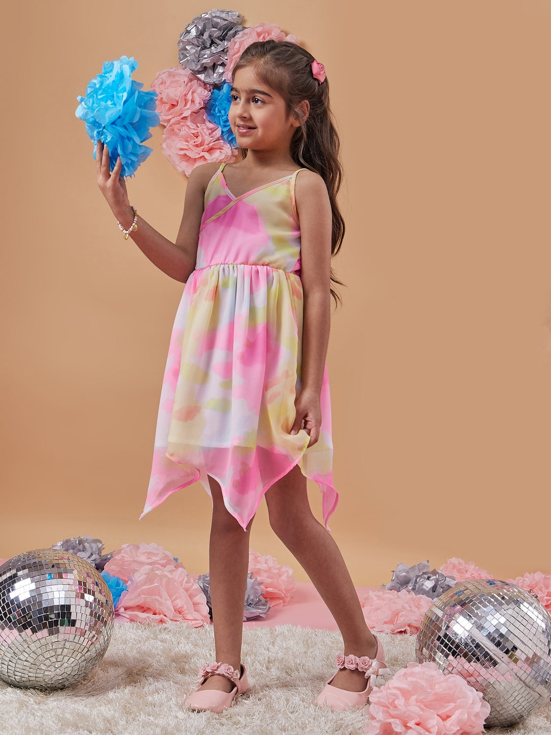 Girl's Tie Dye Shoulder Straps Wrap Dress Casual Wear Trendy & Chic (d-multigeo)