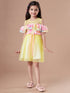 Girls Yellow & pink colour blocked fit & flare dress Round neck cold-shoulder knee length Casual Wear Dress (d-multinet)