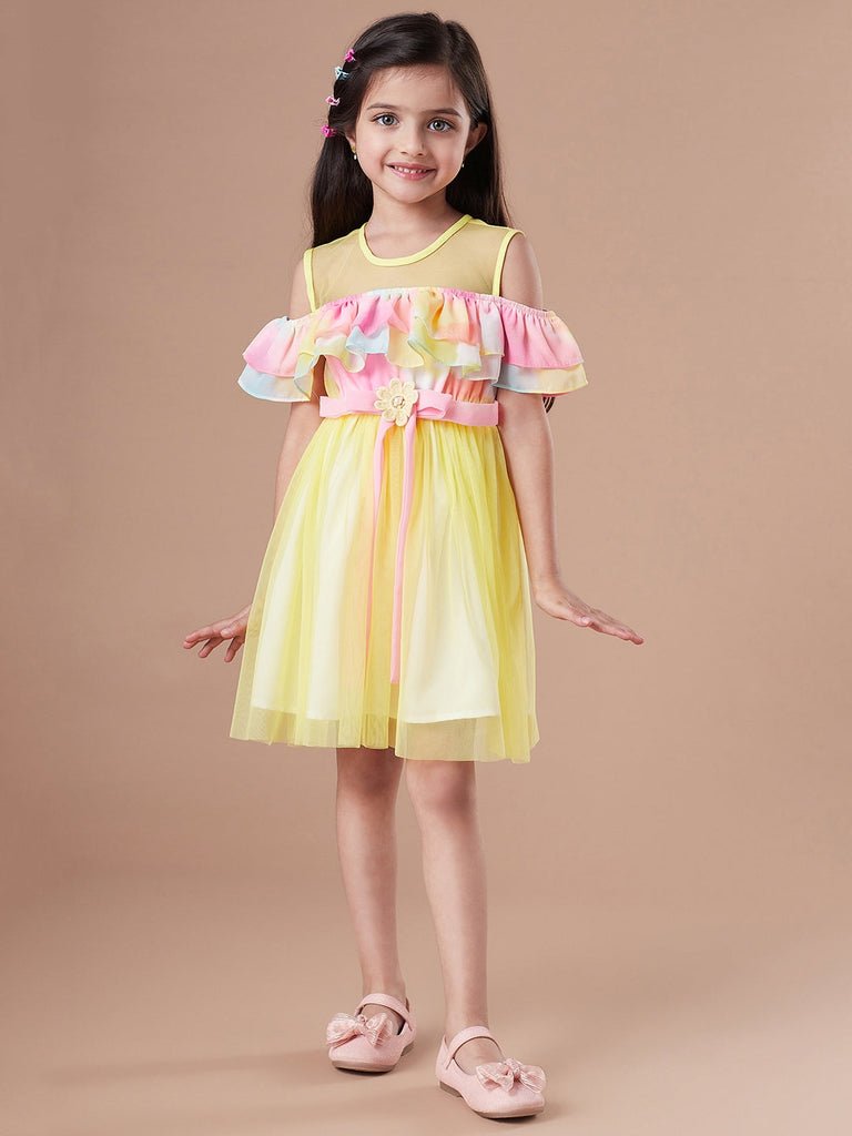 Girls Yellow & pink colour blocked fit & flare dress Round neck cold-shoulder knee length Casual Wear Dress (d-multinet)