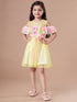 Girls Yellow & pink colour blocked fit & flare dress Round neck cold-shoulder knee length Casual Wear Dress (d-multinet)