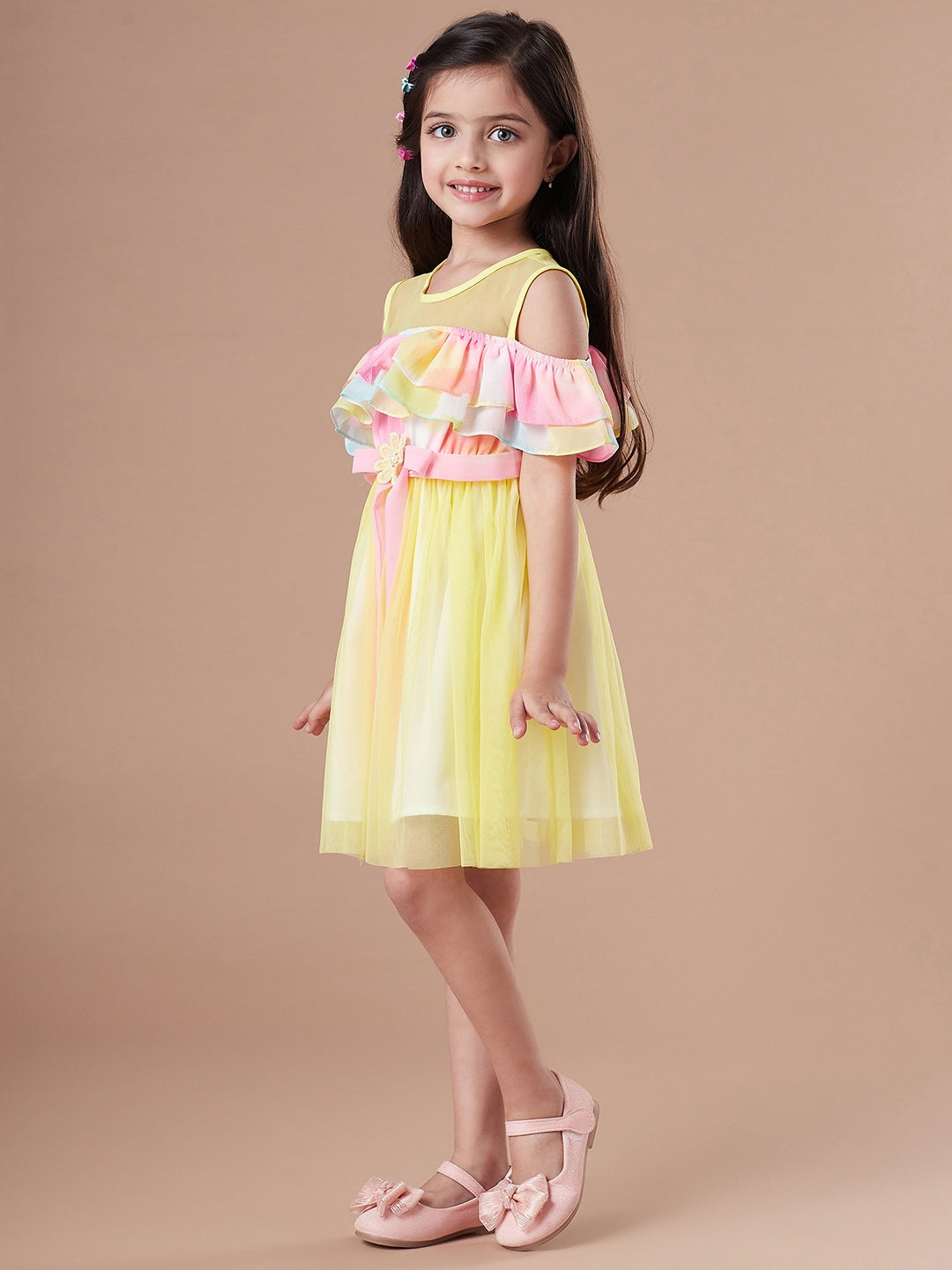 Girls Yellow & pink colour blocked fit & flare dress Round neck cold-shoulder knee length Casual Wear Dress (d-multinet)