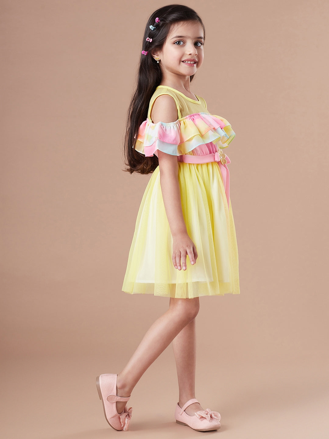 Girls Yellow & pink colour blocked fit & flare dress Round neck cold-shoulder knee length Casual Wear Dress (d-multinet)