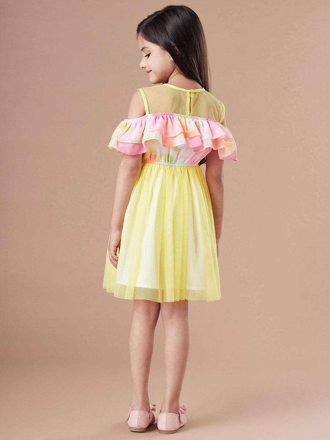 Girls Yellow & pink colour blocked fit & flare dress Round neck cold-shoulder knee length Casual Wear Dress (d-multinet)