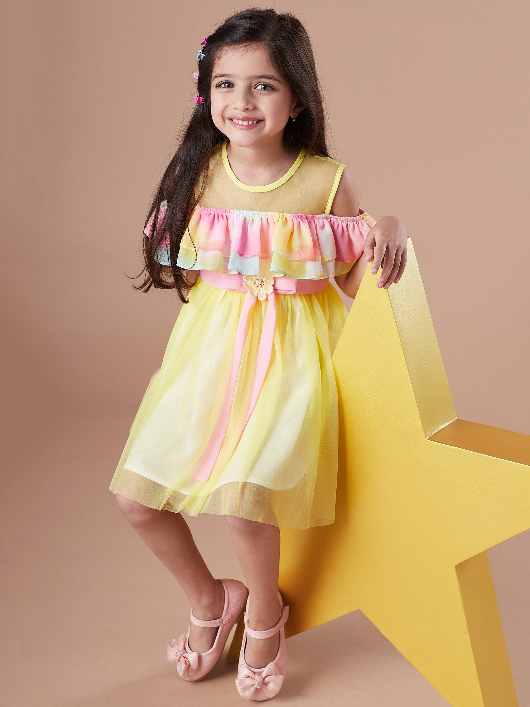 Girls Yellow & pink colour blocked fit & flare dress Round neck cold-shoulder knee length Casual Wear Dress (d-multinet)