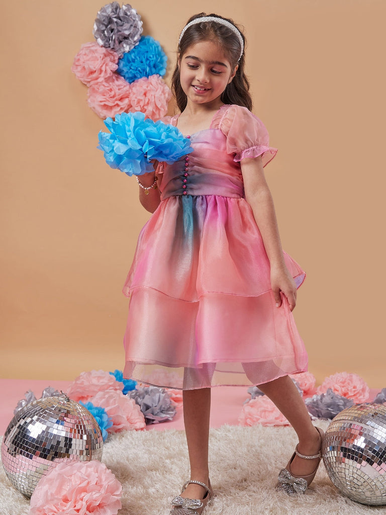 Girl's Square Neck Short Puff Sleeves Fit Flare Dress Casual Wear New Stylish Trand (d-multiorganza)