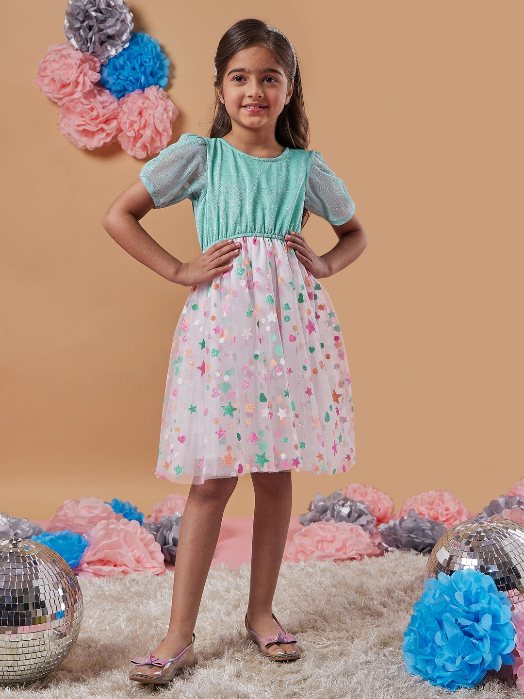 Girl's Polka Dot Printed Net A-Line Dress Perfect for Every Occasion Trendy Style (d-multistar)