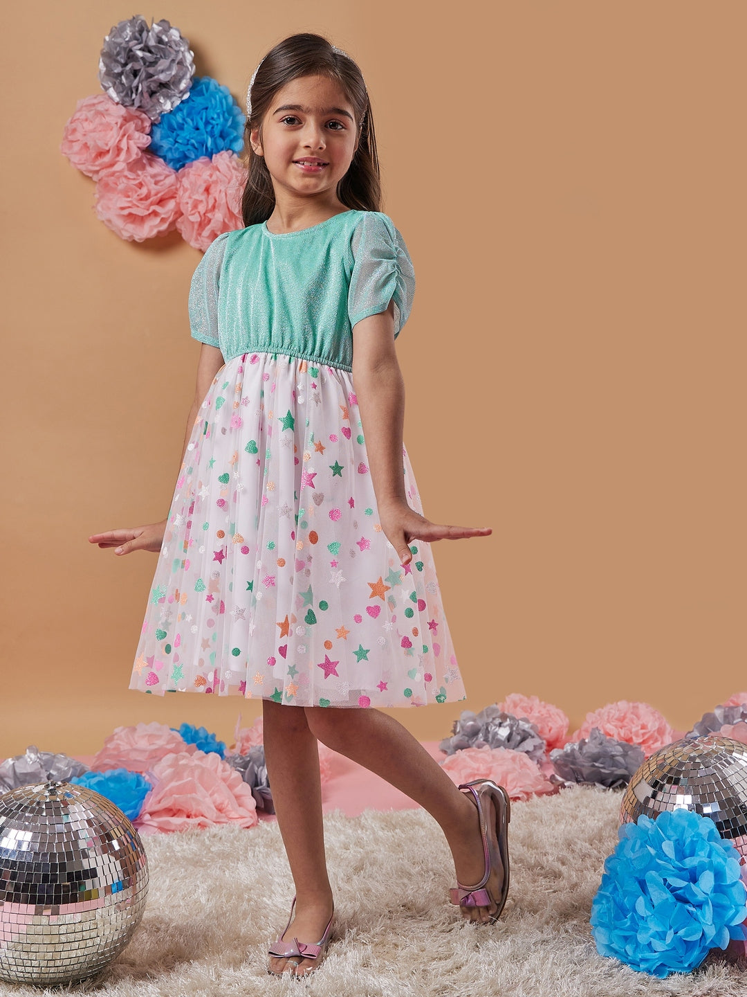 Girl's Polka Dot Printed Net A-Line Dress Perfect for Every Occasion Trendy Style (d-multistar)