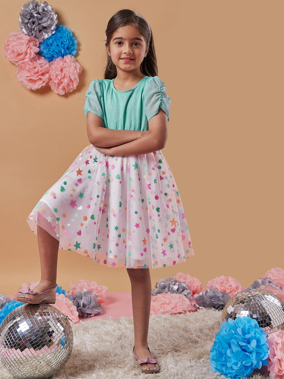 Girl's Polka Dot Printed Net A-Line Dress Perfect for Every Occasion Trendy Style (d-multistar)